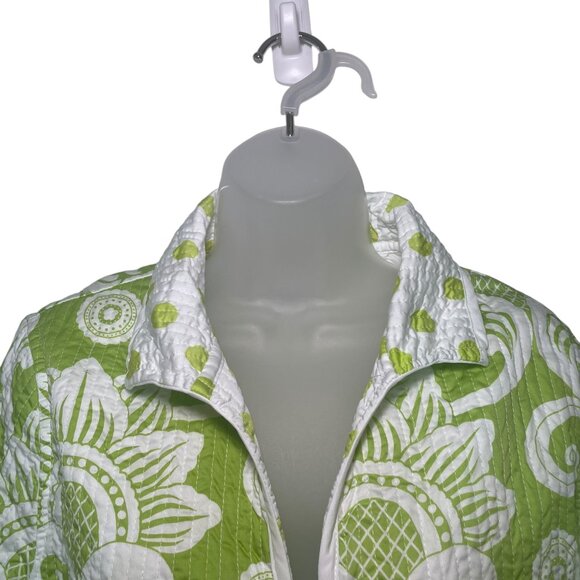 Patty Kim Quilted Jacket Size Large Green White Cotton Floral w/ Polka Dot Cuffs - Picture 7 of 8